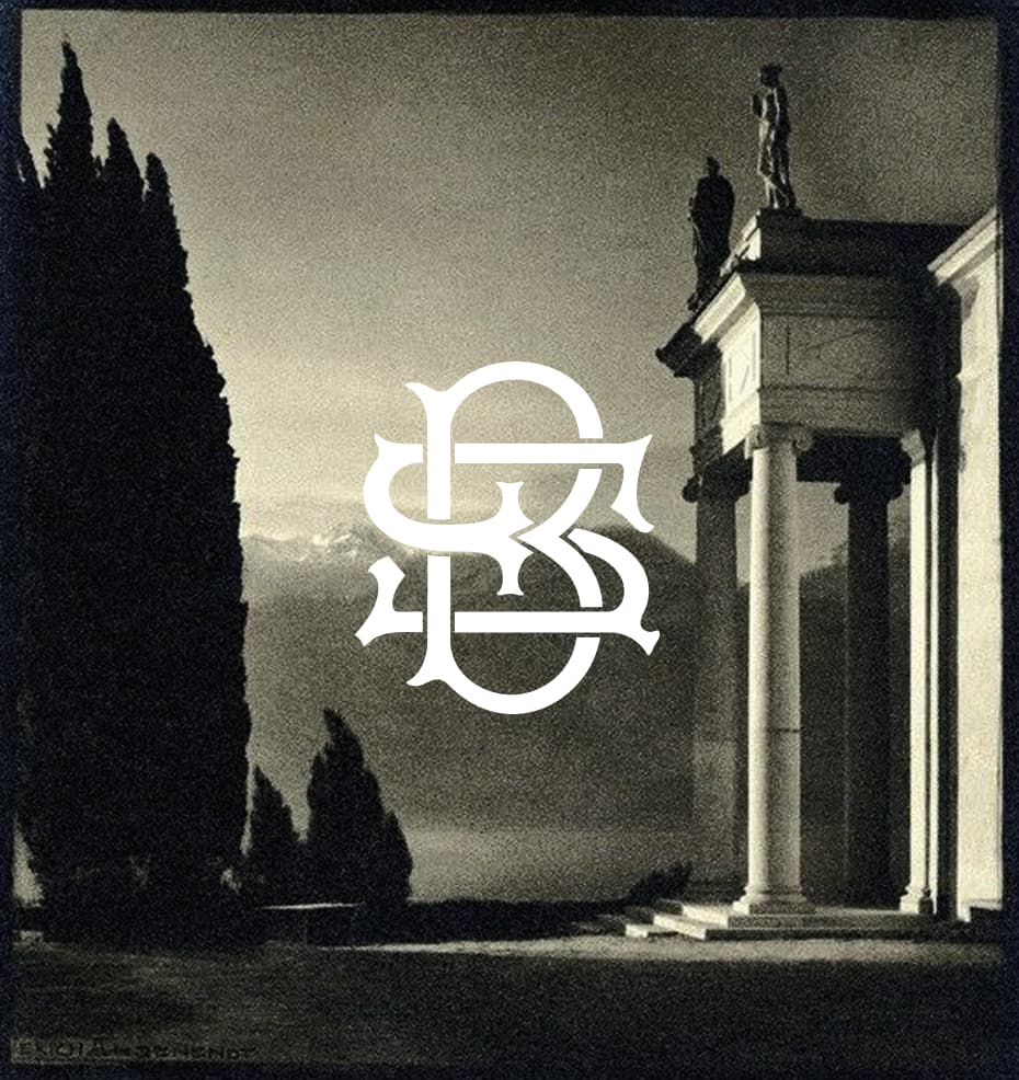 Bureau of Scales brand card featuring the monogram over an architectural landscape.
